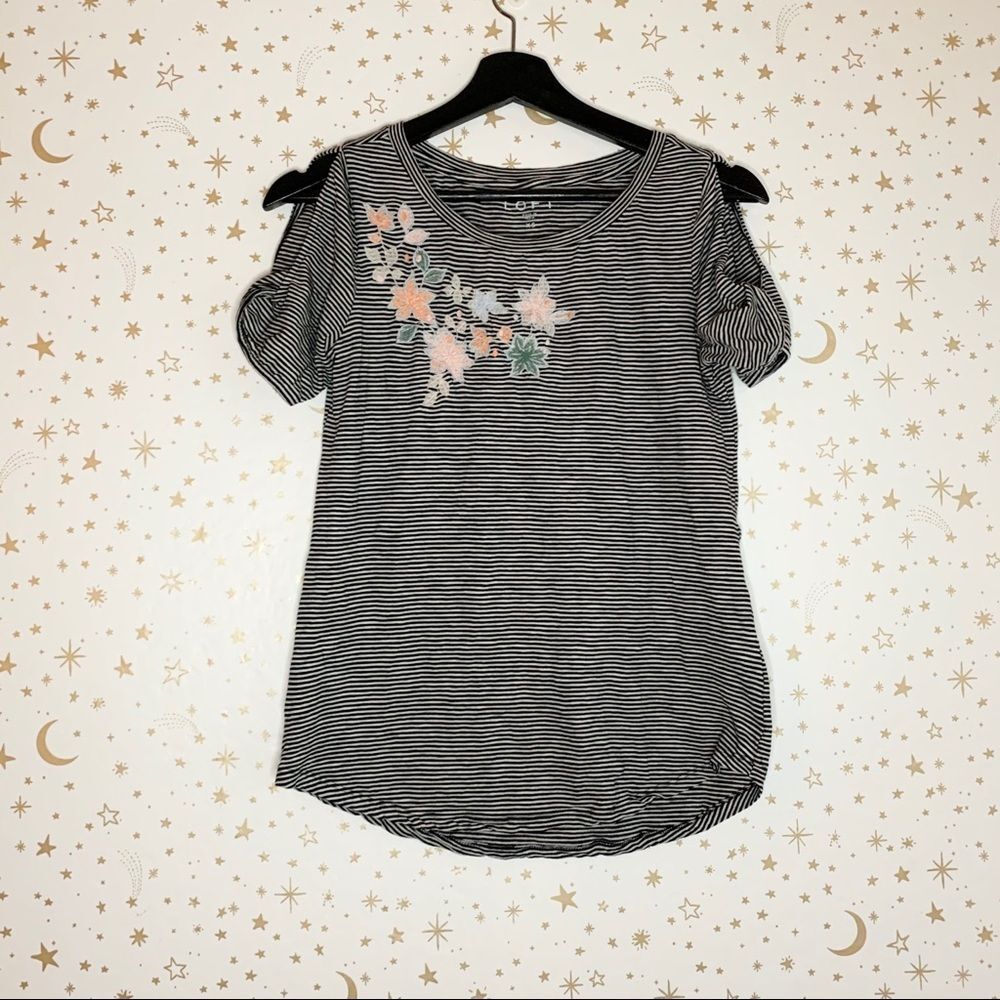 LOFT Embroidered Stripe Key Hole Sleeve T-Shirt